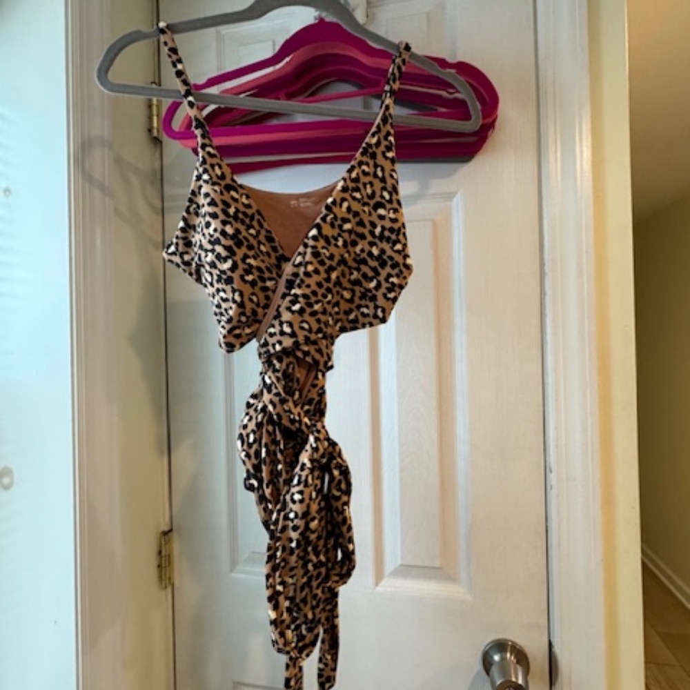 aerie Leopard Print One-Piece Swimsuit in Tan and Black
